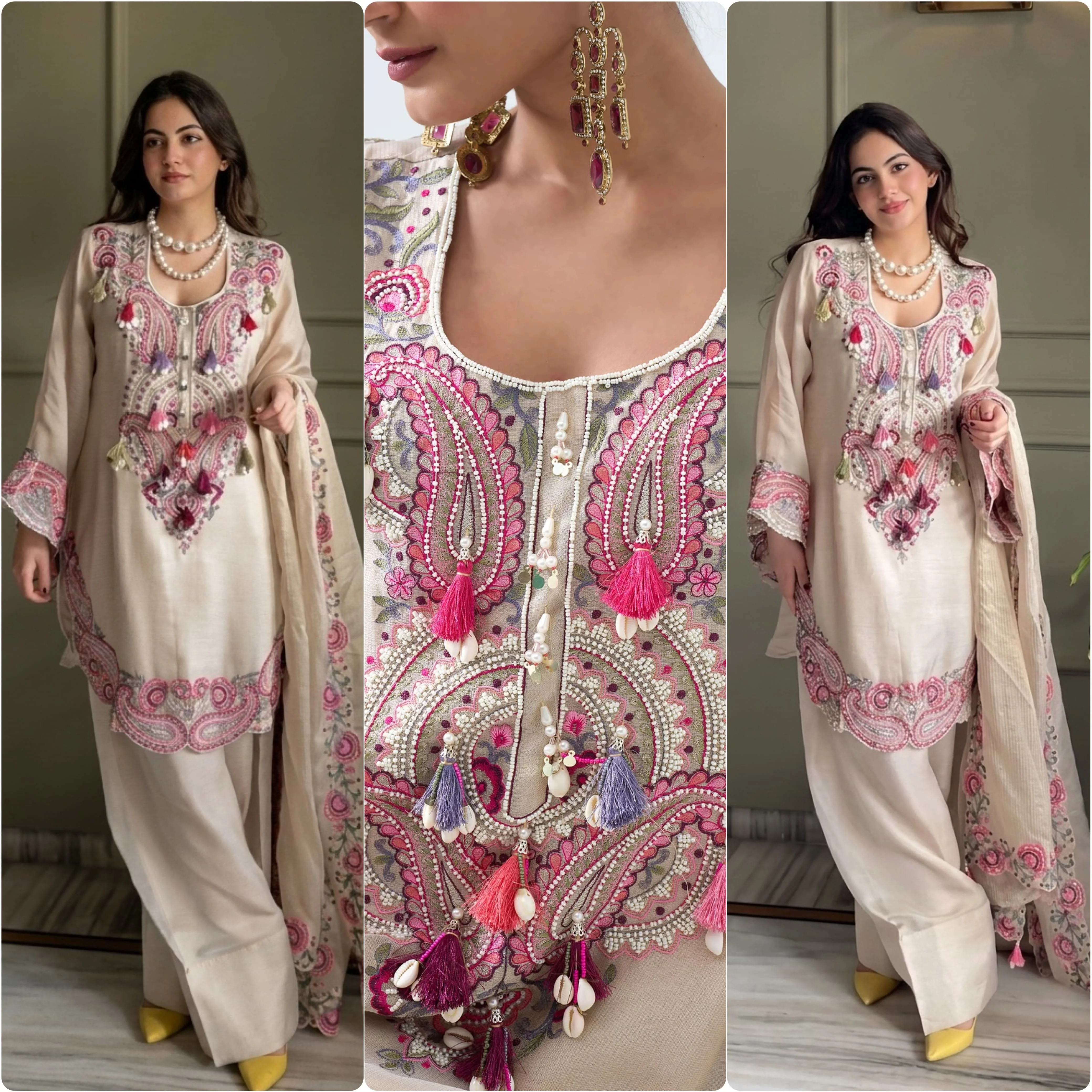 Mehrosh Boutique Ivory &amp; Pink Embroidered Kurta with Farsi Salwar