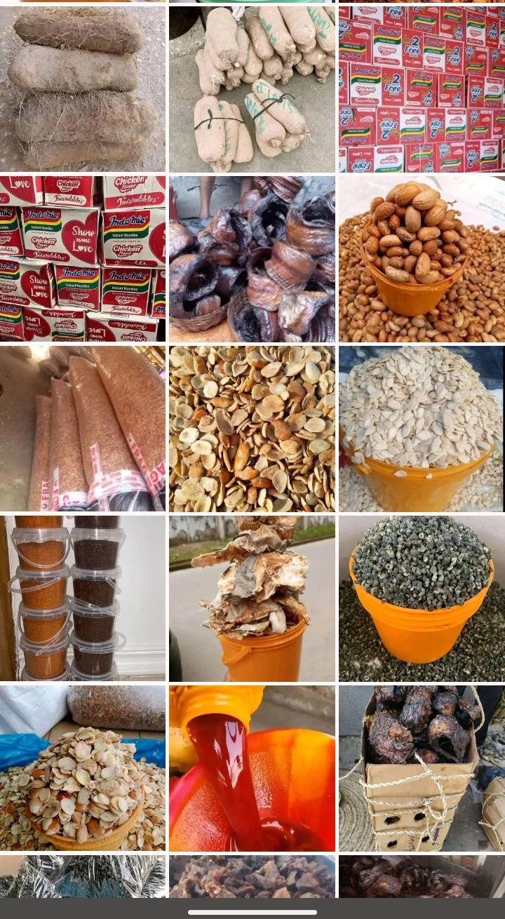 Red oil, garri, melon, ogbono, crayfish, fish, stock fish