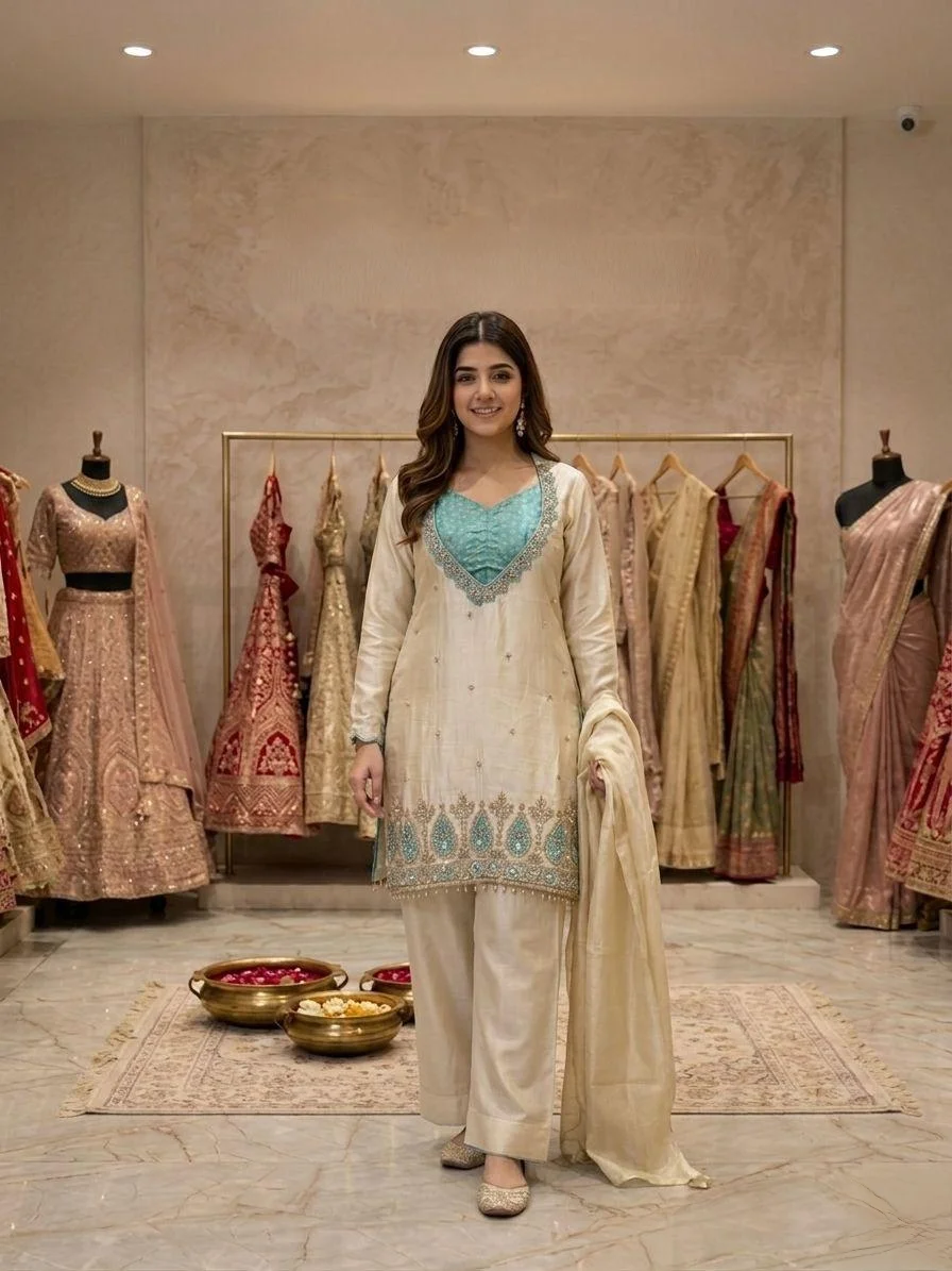 Mehrosh Boutique Ivory &amp; Turquoise Straight Pant Suit Set