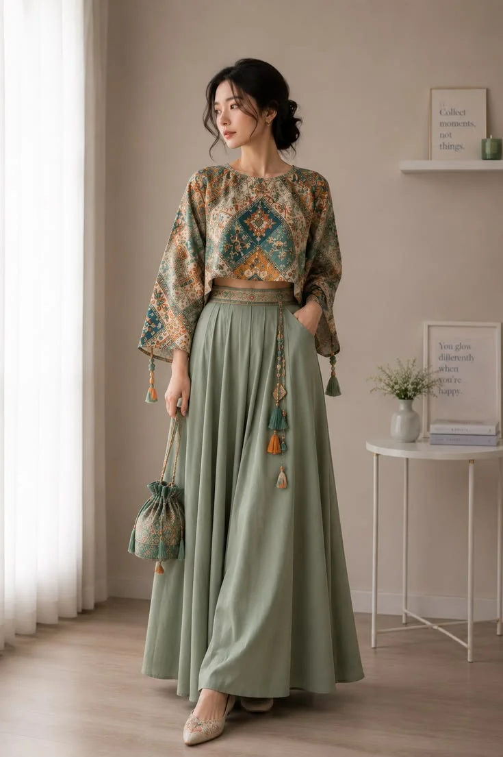 Mehrosh Boutique Sage Green Printed Crop Top and Skirt Set