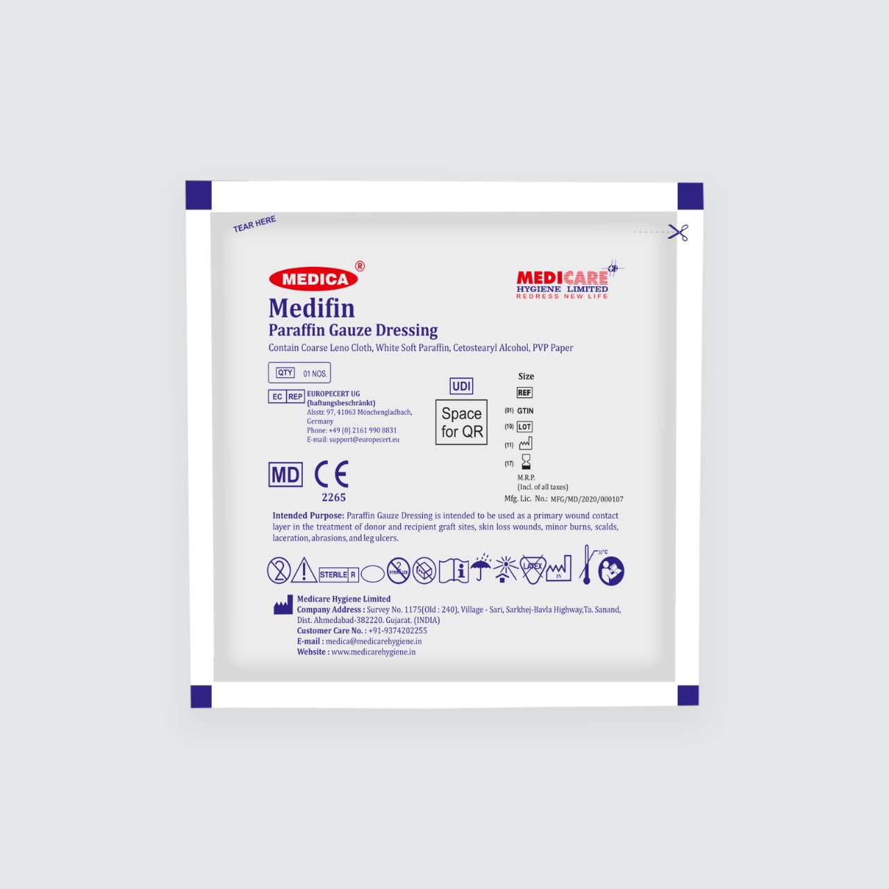 Medica Medifin Paraffin Gauze Dressing 10cm X 10cm