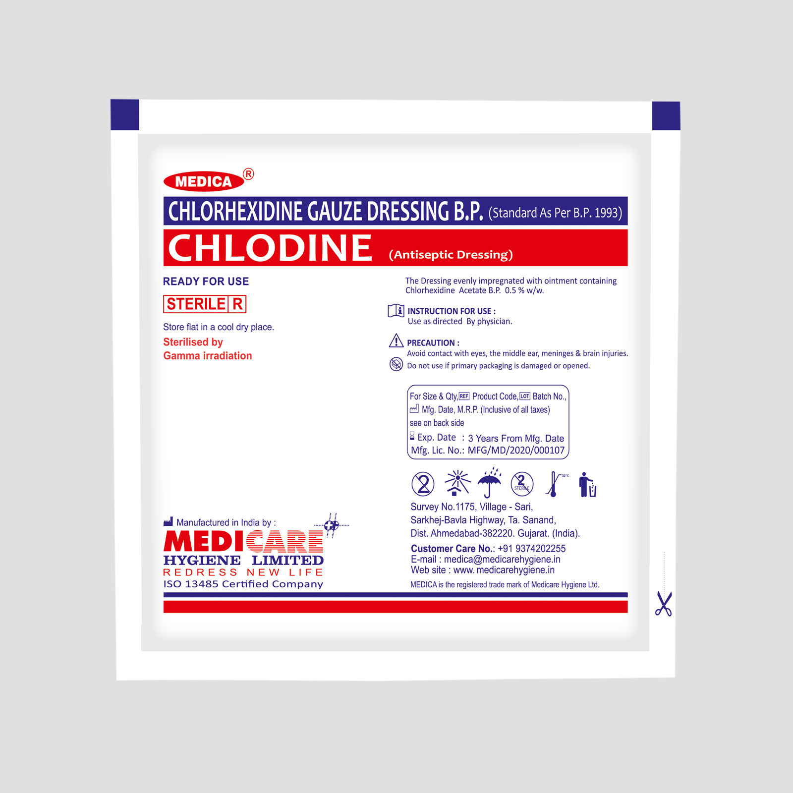 Medica Chlodine Chlorhexidine Gauze Dressing 10cm X 10cm