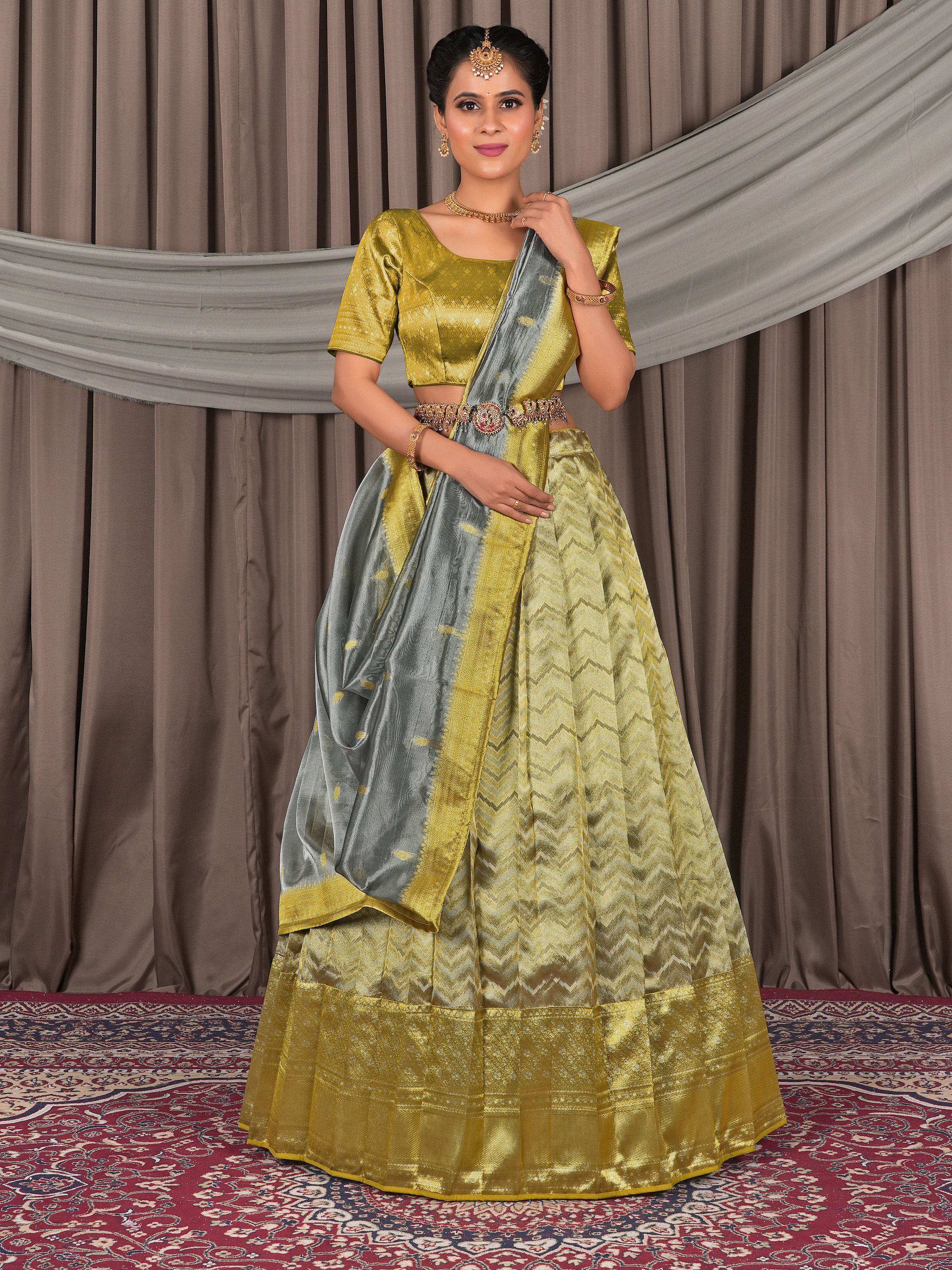 Pure Two Tone Gray Zari Tissue Lehenga Choli - Regal Elegance