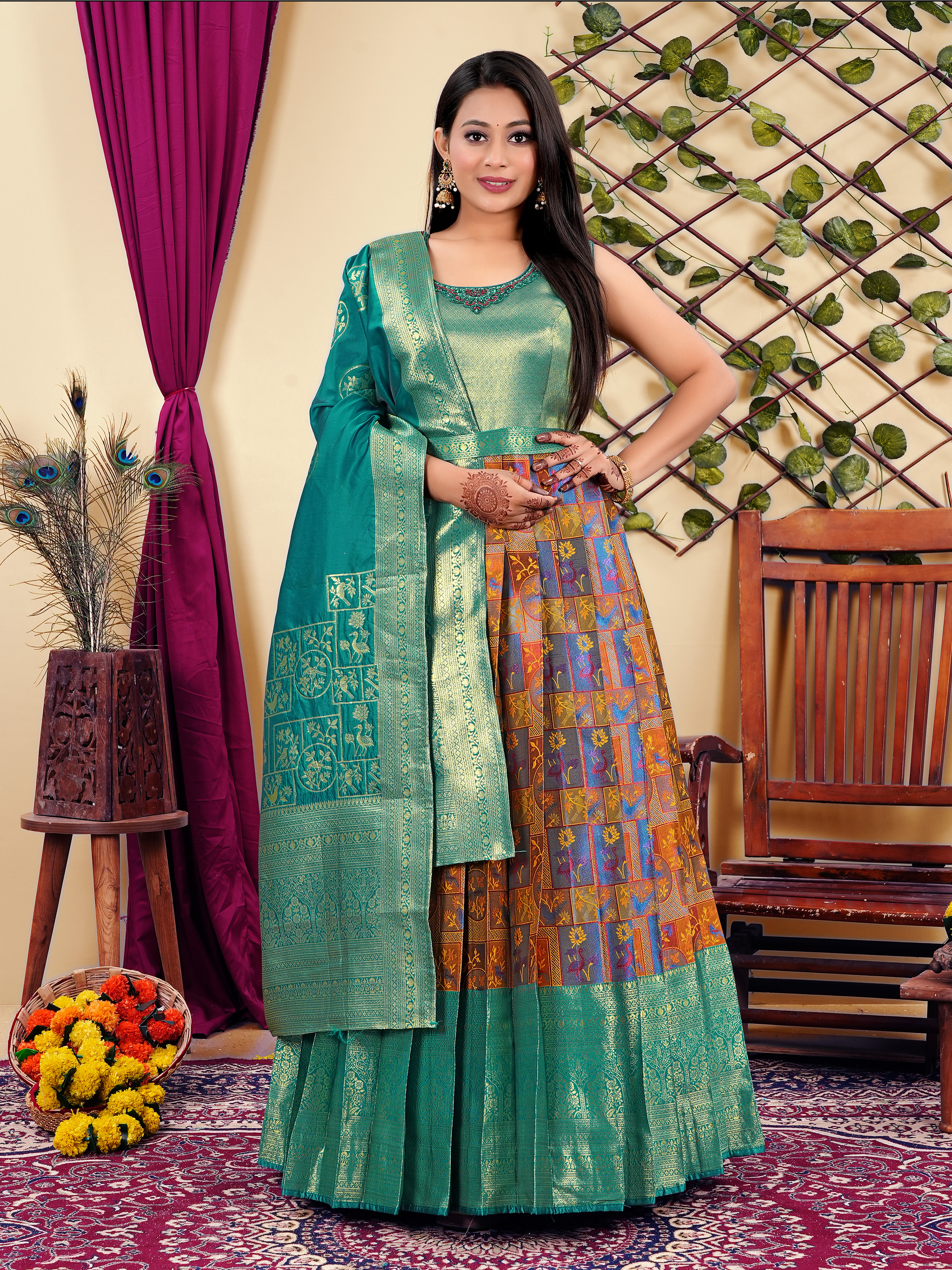 Elegant Musterd Banarasi Silk Gown with Rich Zari Detailing