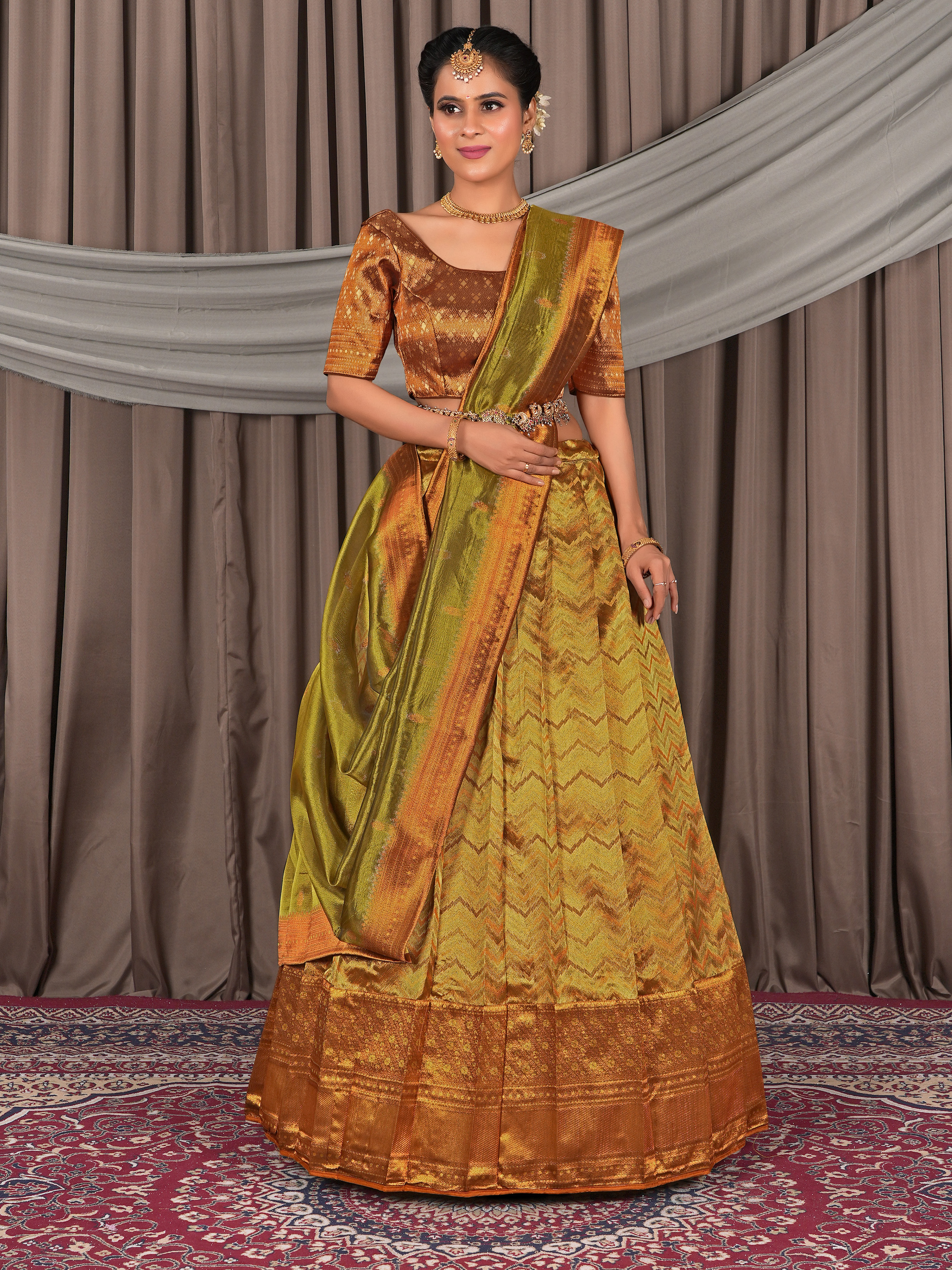 Pure Two Tone Musterd Zari Tissue Lehenga Choli - Regal Elegance