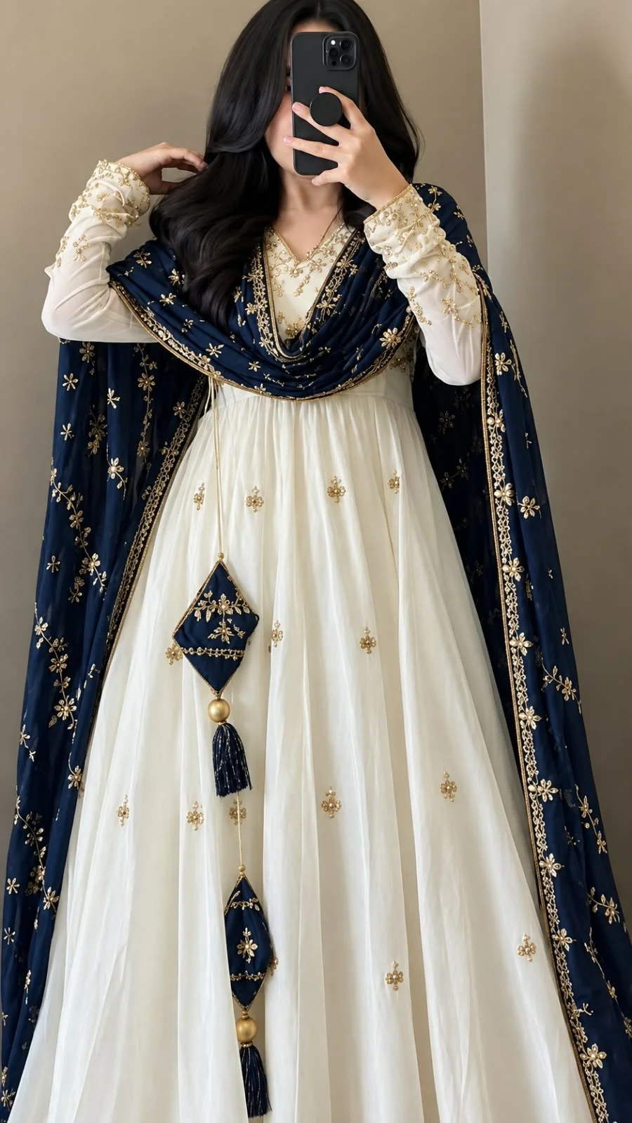 Mehrosh Boutique Ivory Anarkali with Navy Dupatta
