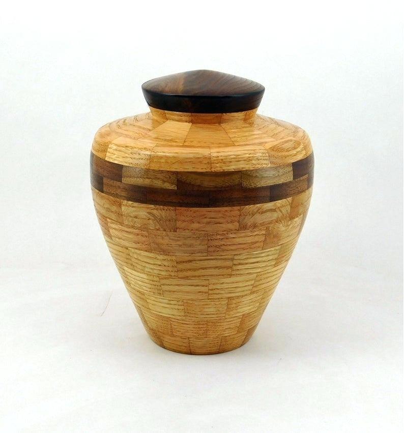 Modern Golden Wooden Urn Vase with Matte Black Rim Closure