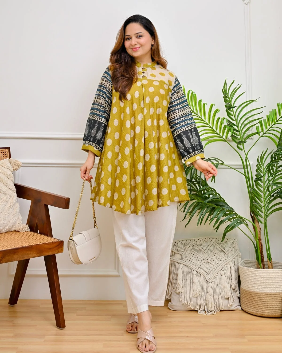 Mehrosh Boutique Mustard Polka-Dot Flared Kurta &amp; Ivory Pant Set