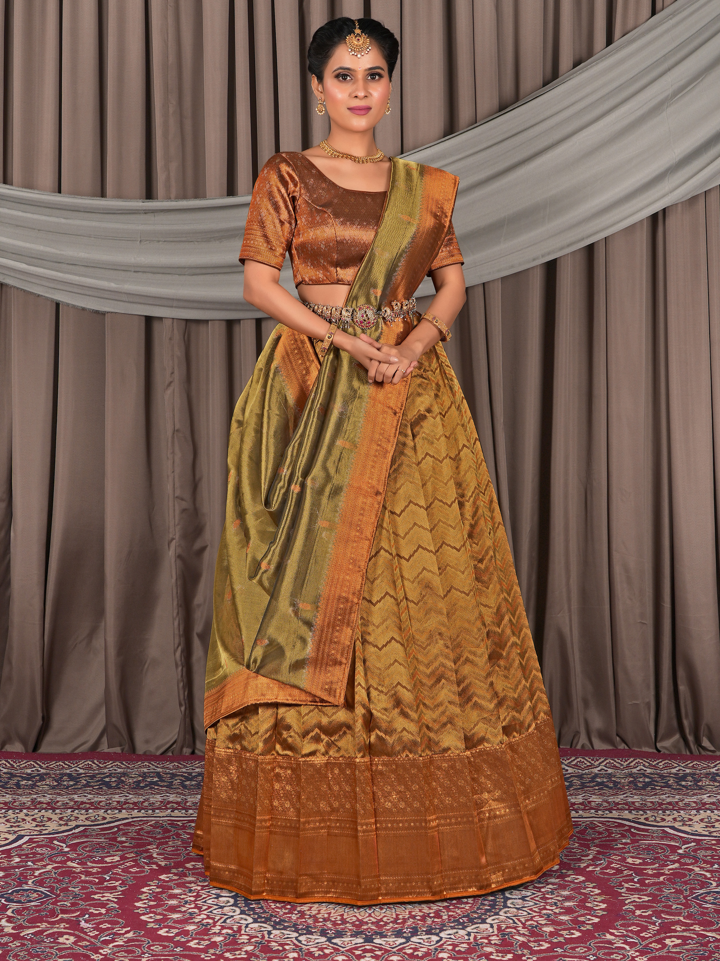 Pure Two Tone Copper Zari Tissue Lehenga Choli - Regal Elegance