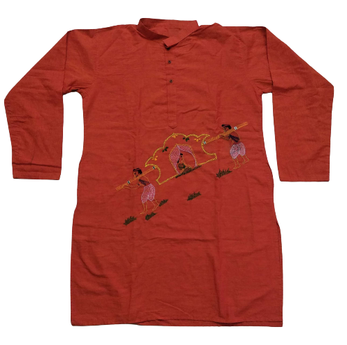 Rust Cultural Scene Kantha Stitch Kurta 