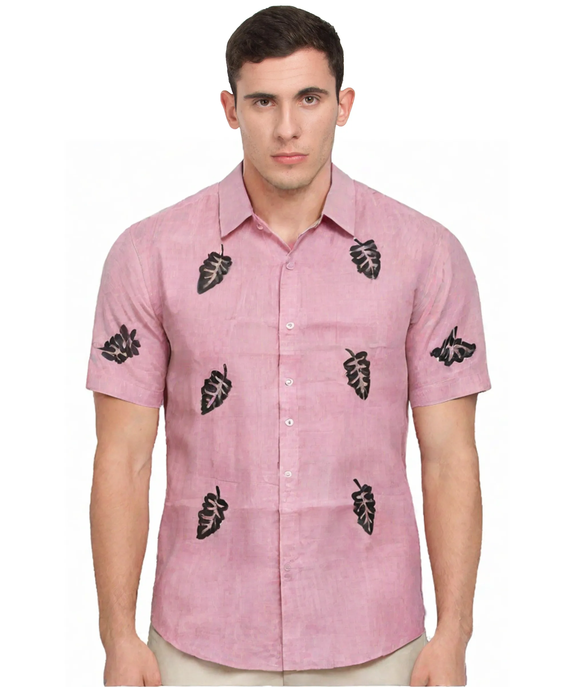 Rose Pink Black Leaf Print Cotton Shirt
