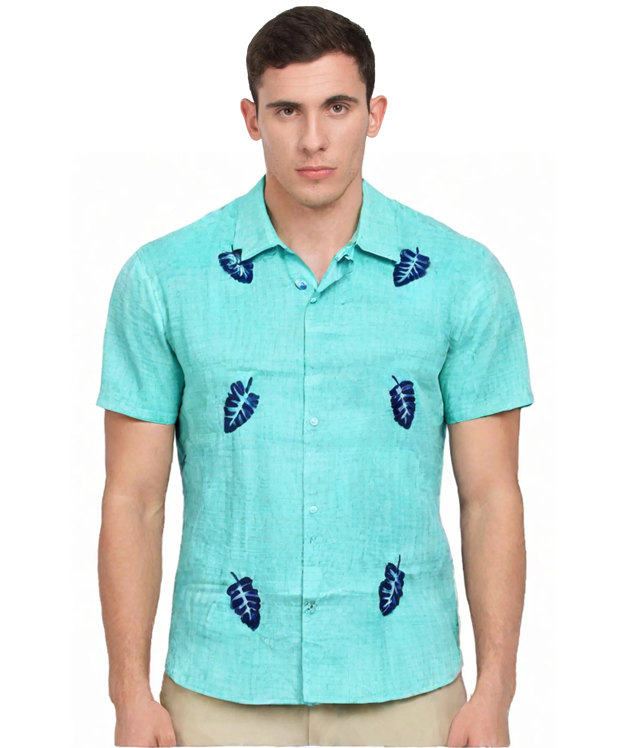  Teal Leaf Print Cotton Shirt
