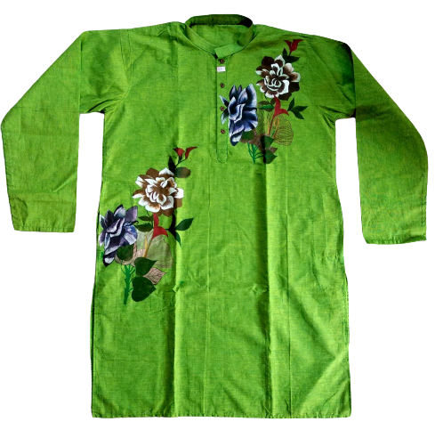Lime Green Kantha Stitch Kurta for Men