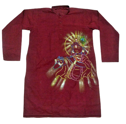Maroon Krishna Print Cotton Kurta 