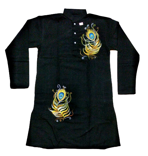 Black Peacock Feather Print Cotton Kurta 