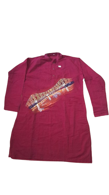 Maroon Howrah Bridge Print Cotton Kurta