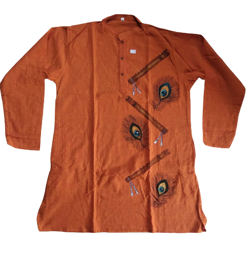 Burnt Orange Flute And Peacock Print Cotton Kurta 