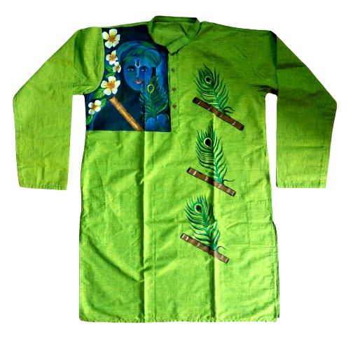 Lime Green Krishna and Peacock Print Cotton Kurta 