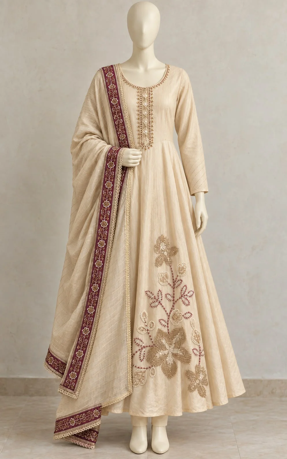 Mehrosh Boutique Champagne Cream Floral Anarkali Set