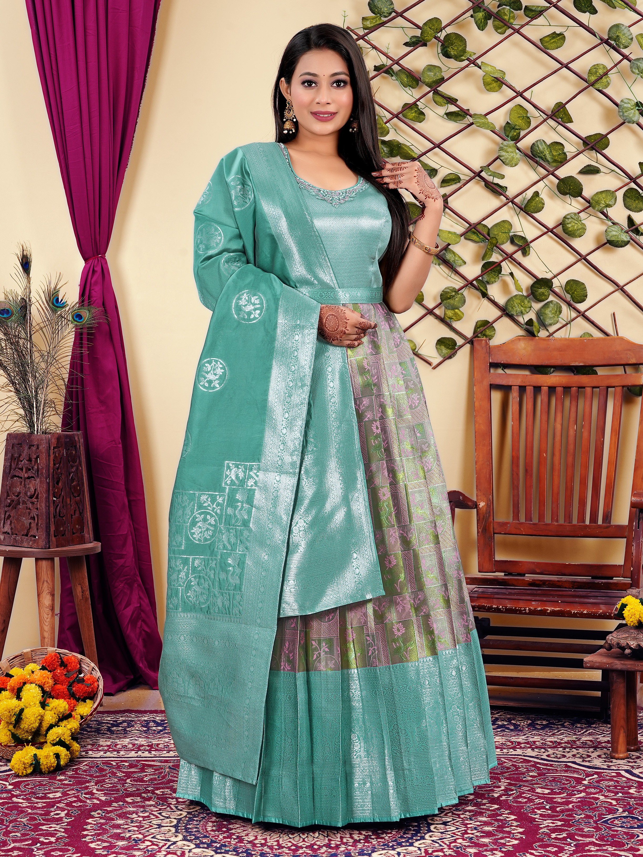 Elegant Mint Green Banarasi Silk Gown with Intricate Weaving