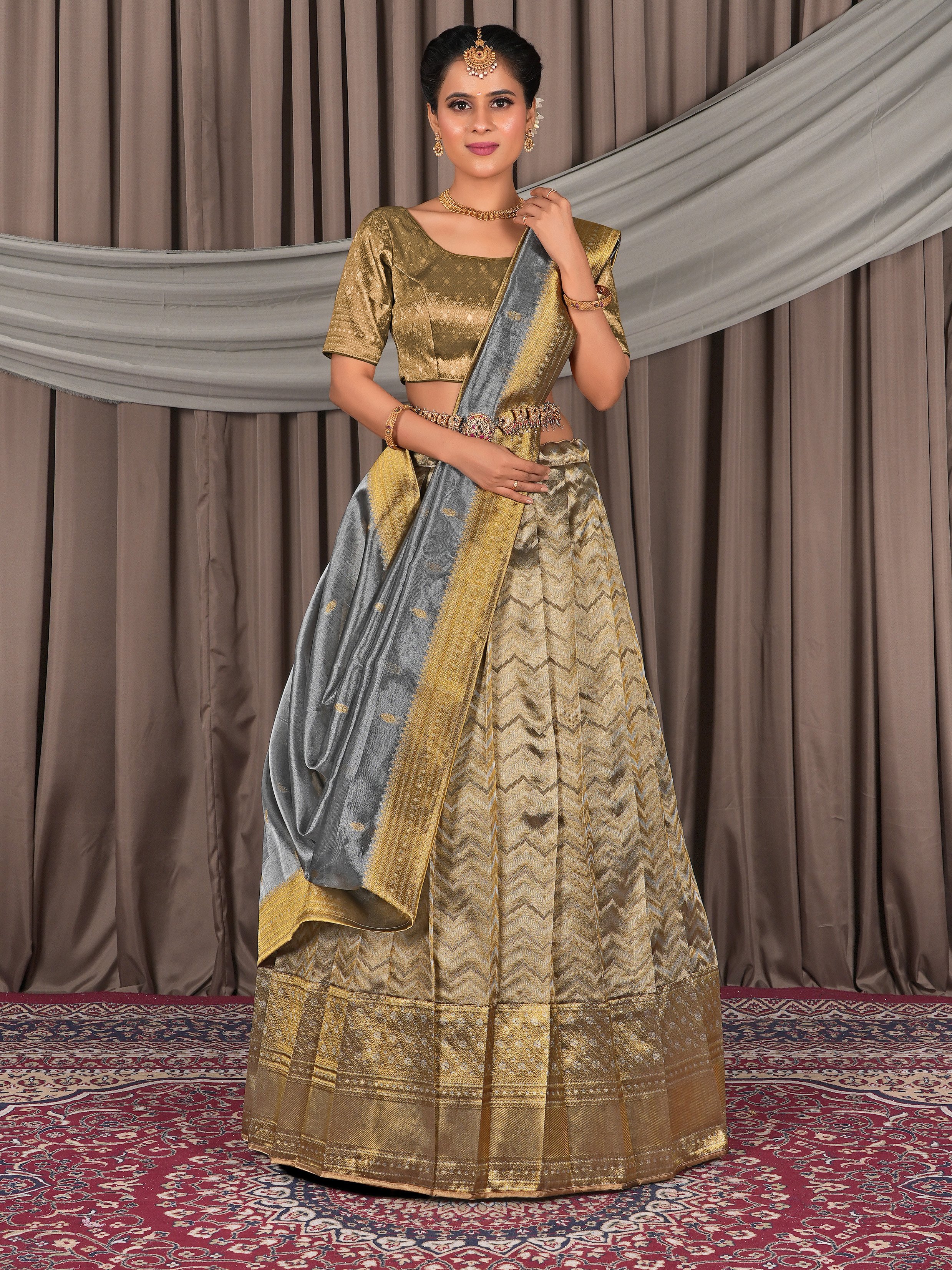Pure Two Tone Gray Zari Tissue Lehenga Choli - Regal Elegance