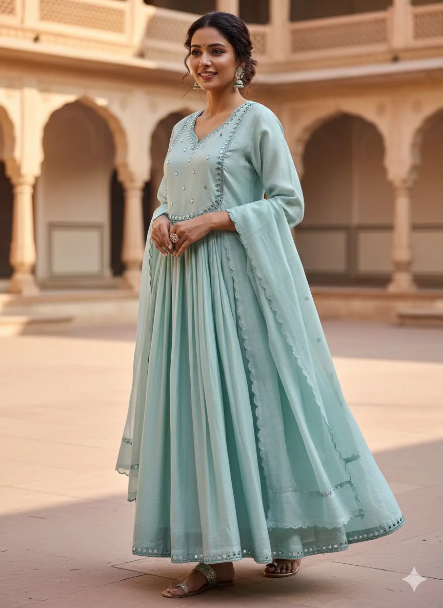Elegant mulchanderi anakali suit