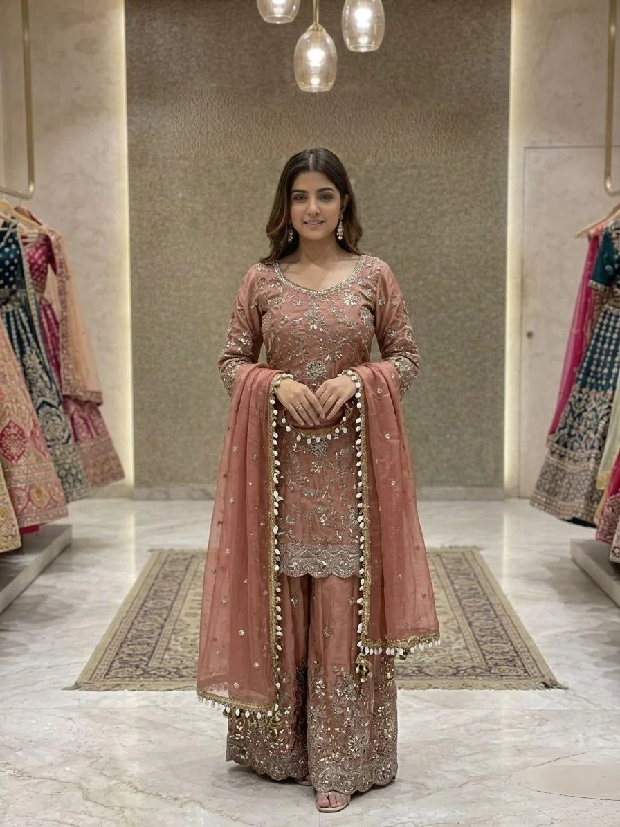 Mehrosh Boutique Dusty Pink Embroidered Palazzo Suit Set