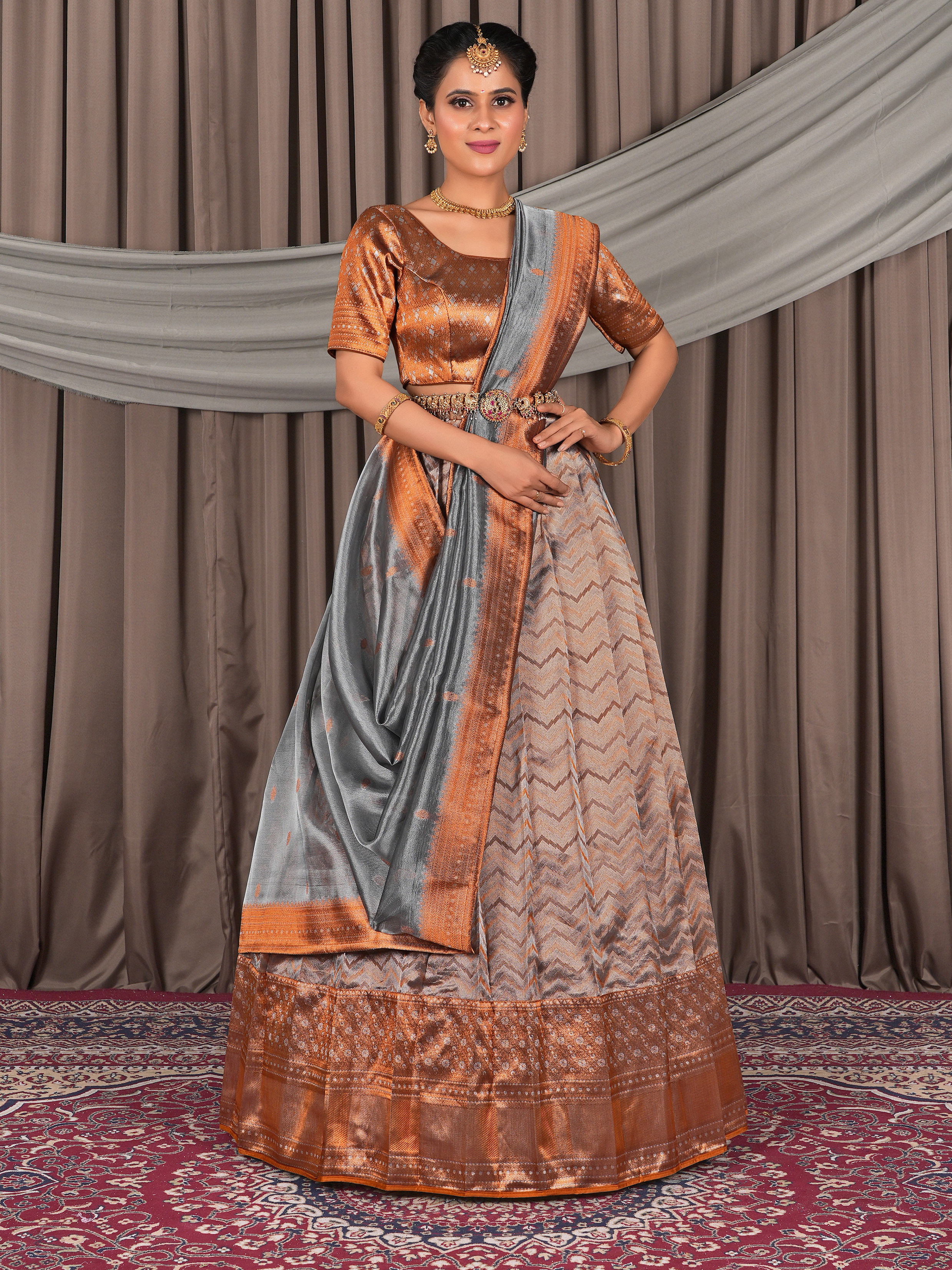 Pure Two Tone Peach Zari Tissue Lehenga Choli - Regal Elegance
