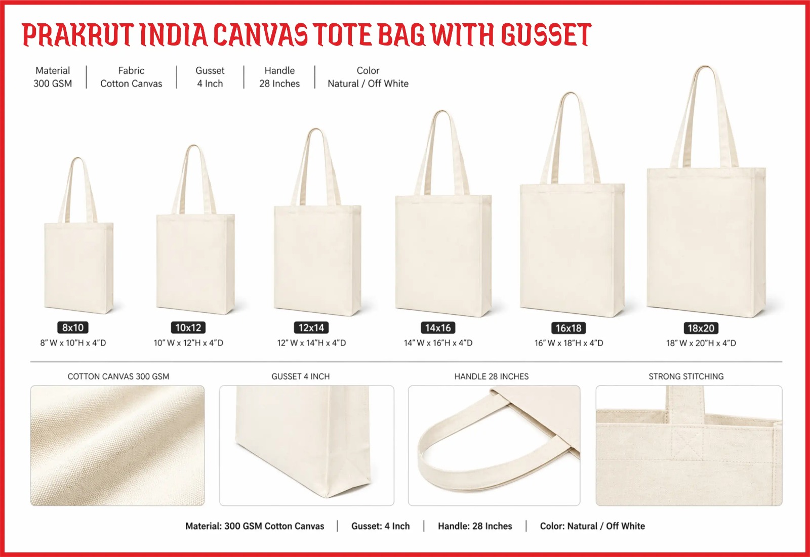 100% cotton canvas fabric  Canvas Tote Bag with Gusset (300 GSM)