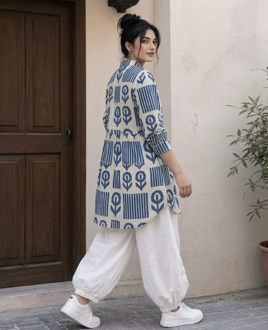 Mehrosh Boutique Blue Printed Shirt Tunic &amp; White Jogger Pant Set