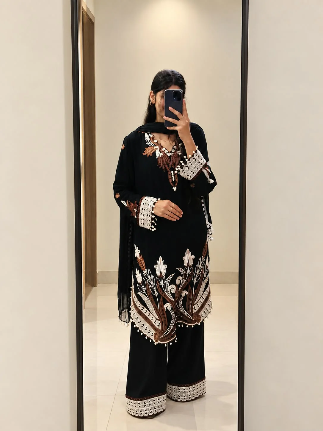 Mehrosh Boutique Black Floral Kurta, Palazzo &amp; Dupatta Set